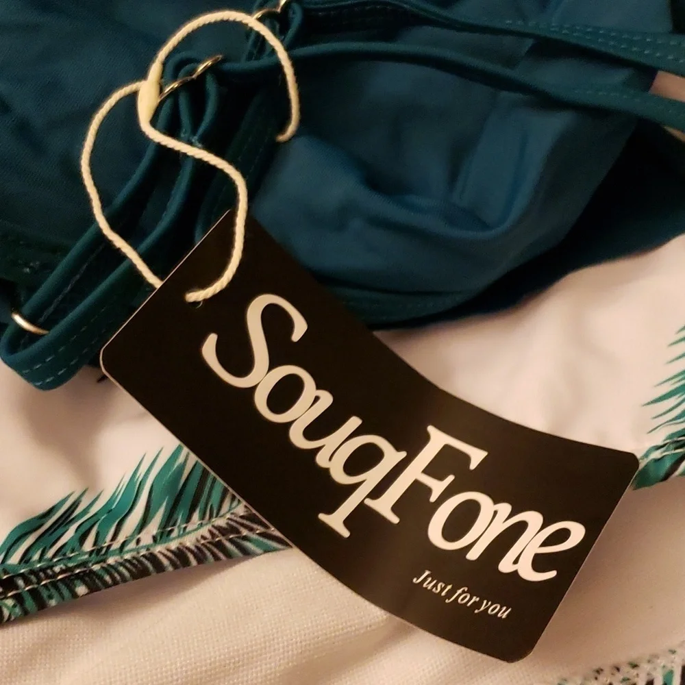 SouqFone Ruffled Flounce Top High Waisted Bikini Set in Blue Green Leaf Size L